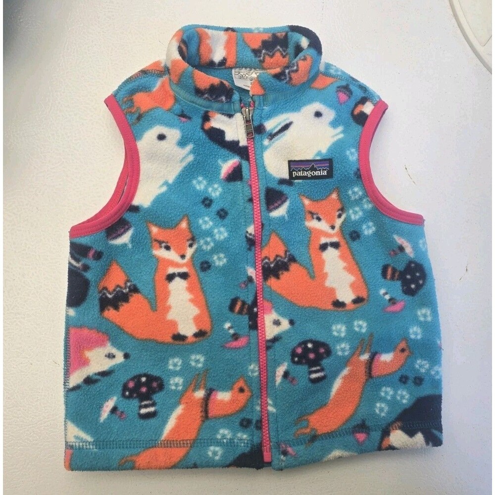 Patagonia Baby Synchilla Fleece Vest 2T Fox Animal Print Teal Pink Full Zip